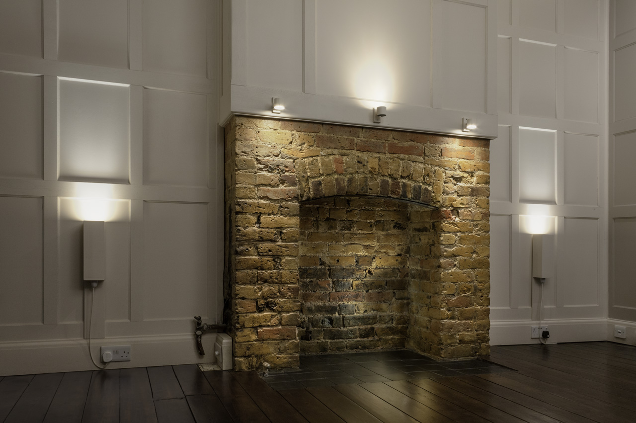 brick fireplace and lights